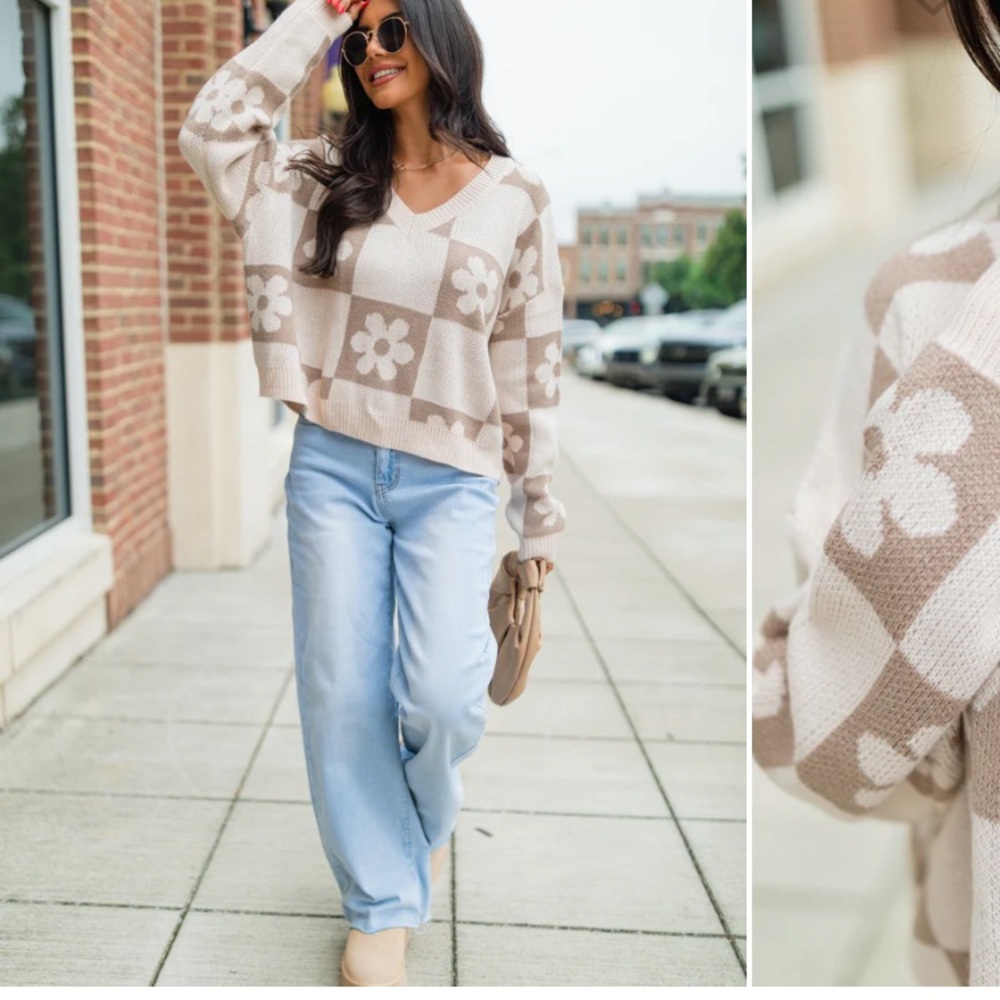 Floral Checkered V-Neck Sweater - Beige